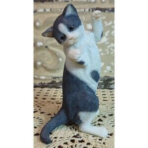 Adorable Playful Black & White Kitten Cat Figurine Resin
